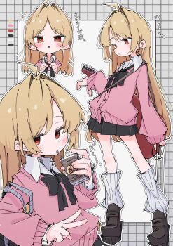 1girl absurdres aged_down aomoringo black_ribbon black_skirt blonde_hair bocchi_the_rock! brown_shoes buttons chibi collared_shirt drinking_straw highres ijichi_seika leg_warmers long_hair multiple_views neck_ribbon parted_lips pink_sweater red_eyes ribbon shirt shoes skirt solo sweater upper_body v white_leg_warmers white_shirt
