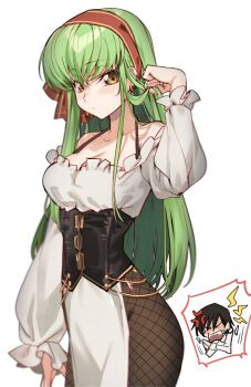 1boy 1girl anger_vein bare_shoulders breasts c.c. cleavage code_geass collarbone corset creayus dirndl german_clothes green_hair hairband highres lelouch_vi_britannia long_hair long_sleeves looking_at_viewer medium_breasts off-shoulder_shirt off_shoulder red_hairband shirt simple_background solo_focus white_background white_shirt yellow_eyes