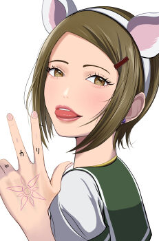 Rule 34 | absurdres, akitsuiri tsuki, brown eyes, brown hair, character name, commentary request, digimon, digimon adventure tri., eyelashes, from behind, highres, looking at viewer, looking back, parted lips, shirt, short hair, simple background, upper body, w, white background, white shirt, yagami hikari