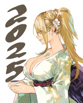 1girl 2025 blonde_hair breasts chest_jewel cleavage commentary cup earrings english_commentary eyes_visible_through_hair floral_print flower hair_flower hair_ornament high_ponytail highres holding holding_cup j@ck japanese_clothes jewelry kimono large_breasts mythra_(xenoblade) parted_lips ponytail profile solo swept_bangs upper_body white_background xenoblade_chronicles_(series) xenoblade_chronicles_2 yellow_eyes