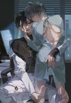 2boys absurdres alien_stage barefoot black_eyes black_hair black_shirt chair commentary english_commentary grey_hair hand_on_another's_ass hand_on_another's_face hand_on_another's_foot highres hospital_gown ivan_(alien_stage) kakyoriya multiple_boys on_chair pants pulse_oximeter red_pupils shirt sitting stethoscope till_(alien_stage) turtleneck turtleneck_shirt white_pants window window_blinds yaoi