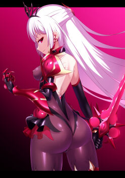 1girl armor ass back backless_outfit black_gloves bodysuit breasts claws closed_mouth commentary_request corruption covered_erect_nipples cowboy_shot dark_persona earrings elbow_gloves entenca from_behind gauntlets glint gloves gradient_background hair_ornament highres holding holding_sword holding_weapon jewelry letterboxed long_hair looking_at_viewer looking_back magical_girl medium_breasts original pantyhose profile red_background red_eyes sideways_glance skin_tight small_breasts solo standing sword tiara weapon white_hair
