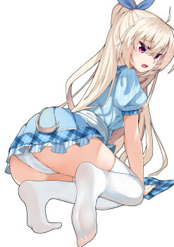 1girl absurdres ahoge akizuki_kanna all_fours ass blonde_hair blue_bow blue_shirt blue_skirt bow cafe_stella_to_shinigami_no_chou cameltoe chinese_commentary cleaning_rag commentary crossed_bangs dutch_angle eyes_visible_through_hair feet frilled_skirt frills from_behind full_body furrowed_brow hair_between_eyes hair_bow half_updo highres light_blush lingnerpoi long_hair looking_at_viewer looking_back miniskirt no_shoes official_alternate_costume official_alternate_hairstyle open_mouth panties pantyshot plaid_clothes plaid_collar pleated_skirt ponytail puffy_short_sleeves puffy_sleeves purple_eyes shirt short_sleeves sidelocks simple_background skirt soles solo striped_clothes striped_shirt thighhighs thighs tiptoes toes underwear vertical-striped_clothes vertical-striped_shirt very_long_hair waitress white_background white_panties white_thighhighs wiping