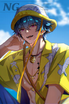 Rule 34 | 1boy, blue hair, blue sky, blurry, blurry background, brant (wuthering waves), bucket hat, chromatic aberration, commentary, day, english commentary, hair between eyes, hat, highres, looking at viewer, male focus, multicolored hair, official alternate costume, open clothes, open mouth, open shirt, outdoors, pink eyes, sae naiyatsu, shirt, short hair, sky, smile, solo, streaked hair, tacet mark (wuthering waves), toned, toned male, upper body, wet, wuthering waves, yellow shirt