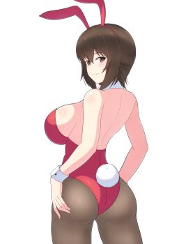 1girl absurdres animal_ears ass backless_leotard breasts brown_eyes brown_hair closed_mouth collar commentary cowboy_shot detached_collar fake_animal_ears fake_tail from_behind girls_und_panzer grey_pantyhose highres iteza_(flapper_girl_25) large_breasts leotard looking_at_viewer looking_back nishizumi_maho pantyhose playboy_bunny rabbit_ears rabbit_tail red_leotard short_hair simple_background smile solo standing strapless strapless_leotard tail white_background white_collar wrist_cuffs