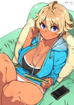 1girl 2013 23_(real_xxiii) blonde_hair blue_eyes blush breasts cellphone cleavage dark-skinned_female dark_skin dated earbuds earphones female_focus handheld_game_console highres if_they_mated large_breasts looking_at_viewer original panties phone playing_games playing_video_games playstation_vita rafaela_(23) short_hair smartphone smile solo underwear white_panties