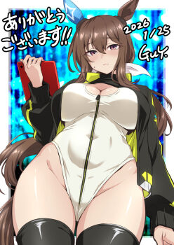 1girl admire_vega_(umamusume) alice_gear_aegis animal_ears black_jacket black_thighhighs blue_background brown_eyes brown_hair circle_cutout cleavage_cutout clothing_cutout commentary_request companion/af covered_collarbone cowboy_shot dated ear_covers from_below front_zipper full-length_zipper heattech_leotard highleg highleg_leotard highres horse_ears horse_girl horse_tail jacket leotard long_hair looking_at_viewer low_ponytail multicolored_leotard nakahira_guy ponytail race_queen single_ear_cover solo tablet_pc tail thighhighs turtleneck two-tone_leotard umamusume white_leotard zipper zipper_leotard zipper_pull_tab