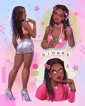 Rule 34 | 1girl, artist name, blue eyes, bracelet, brown hair, candy, closed eyes, clueless (movie), dark-skinned female, dark skin, dionne davenport, flower, food, high heels, highres, holding, holding candy, holding flower, holding food, holding lollipop, jewelry, lollipop, long hair, luztapiaart, multiple views, pink flower, pink rose, pink shirt, pink sports bra, rose, shirt, shoes, short shorts, shorts, silver shoes, silver shorts, sports bra, star (symbol), very dark skin, watermark