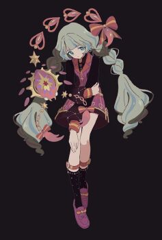 1girl aikatsu!_(series) aikatsu_planet! black_background black_shirt black_socks blunt_bangs bow braid closed_mouth dress full_body green_eyes green_hair hair_bow hand_on_own_leg highres koke_(koke7) loafers long_hair long_sleeves looking_at_viewer multicolored_hair purple_dress purple_shoes q-pit shirt shoes socks solo streaked_hair twin_braids very_long_hair