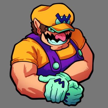 1boy bad_tag brown_hair facial_hair grey_background grin hat highres looking_at_viewer mario_(series) muscular muscular_male mustache nintendo overalls pointy_ears purple_overalls rubbe_rrrrr shirt short_hair short_sleeves smile solo upper_body wario yellow_hat yellow_shirt