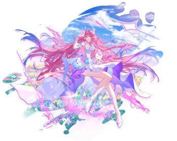 1girl absurdres alin_leng_bu_sheng aqua_hair blue_sky breasts cyrene_(honkai:_star_rail) cyrene_(ripples_of_past_reverie)_(honkai:_star_rail) dress halo high_heels highres honkai:_star_rail honkai_(series) large_breasts long_hair mem_(honkai:_star_rail) multicolored_hair pink_hair pointy_ears purple_eyes simple_background sky thighs two-tone_hair very_long_hair white_background white_dress