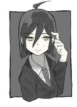 Rule 34 | 1girl, ahoge, black hair, black jacket, blazer, blunt ends, border, closed mouth, collared shirt, commentary request, cropped torso, danganronpa (series), danganronpa v3: killing harmony, dot nose, expressionless, fingernails, genderswap, genderswap (mtf), grey background, grey necktie, hair between eyes, hand on own head, jacket, layered sleeves, long eyelashes, long hair between eyes, long sleeves, looking to the side, necktie, outside border, pale skin, pinstripe jacket, pinstripe pattern, saihara shuichi, shirt, short hair, solo, tappo (gemori), unmoving pattern, white border, white shirt, yellow eyes
