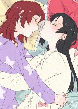 2girls adversarial_noise black_hair closed_eyes commentary cuddling hashtag-only_commentary highres hood hoodie long_hair love_live! love_live!_school_idol_project medium_hair multiple_girls nishikino_maki pillow purple_shirt red_hair shirt sleeping surfacedxxc yazawa_nico yellow_hoodie yuri