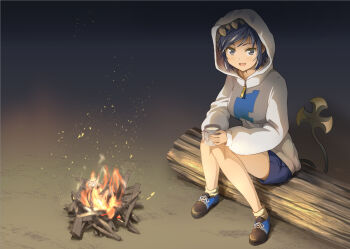 1girl :d asymmetrical_horns black_hair blue_shoes blue_shorts breasts brown_horns campfire camping commentary_request cup dark-skinned_female dark_skin demon_girl demon_horns demon_tail full_body haniwa_(leaf_garden) highres holding holding_cup hood hood_up hoodie horns knees_together_feet_apart long_sleeves looking_at_viewer medium_breasts nanashi_inc. night official_alternate_costume on_log open_mouth outdoors pointy_ears shimamura_charlotte shimamura_charlotte_(2nd_costume) shoes shorts sitting sitting_on_log smile sneakers socks solo spiked_horns tail v-shaped_eyebrows virtual_youtuber white_hoodie white_socks yellow_eyes