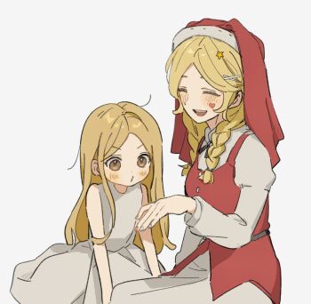 2girls ^_^ anne_lester black_ribbon blonde_hair blush braid brown_eyes child closed_eyes dress hair_ornament hairpin identity_v loose_hair_strand memory_(identity_v) middle_part multicolored_nails multiple_girls neck_ribbon o3o red_veil red_vest ribbon sitting sticker sticker_on_face striped_blush ttptg6 twin_braids veil vest white_dress