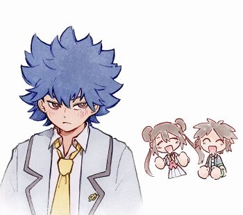 1girl 2boys :d ^_^ black_hair blush bright_pupils brown_eyes brown_hair chibi closed_eyes closed_mouth collared_shirt commentary_request double_bun grey_jacket hair_bun highres hugh_(academy)_(pokemon) hugh_(pokemon) jacket multiple_boys nate_(pokemon) necktie nintendo official_alternate_costume open_clothes open_jacket open_mouth pokemon pokemon_bw2 pokemon_masters_ex rosa_(academy)_(pokemon) rosa_(pokemon) shirt short_hair simple_background smile tan_carbonnn twintails white_background white_pupils white_shirt yellow_necktie