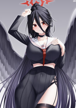 1girl 3: absurdres black_choker black_hair black_panties black_serafuku black_skirt black_thighhighs black_wings blue_archive breasts choker collarbone commentary_request cowboy_shot feathered_wings grey_background hair_between_eyes halo hand_on_own_chest hand_on_own_head hasumi_(blue_archive) highres large_breasts long_bangs long_hair long_skirt long_sleeves looking_at_viewer mi_rong_abmiron neckerchief oversized_wings panties pantyshot pleated_skirt ponytail red_eyes red_halo red_neckerchief sailor_collar school_uniform serafuku side_slit sidelocks simple_background skirt solo standing thigh_strap thighhighs underwear white_sailor_collar wings
