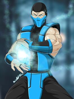 1boy absurdres blue_eyes cryokinesis fingerless_gloves gloves highres looking_at_viewer male_focus mask mature_male michael_gonzalez mortal_kombat_(series) mouth_mask muscular muscular_male ninja ninja_mask no_pupils solo sub-zero