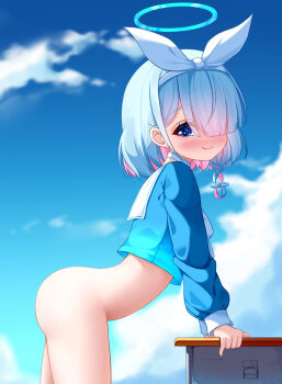 1girl absurdres arm_support arona_(blue_archive) ass bent_over blue_archive blue_eyes blue_hair blue_halo blue_pupils blue_shirt blunt_bangs blush bottomless braid chinese_commentary choker closed_mouth cloud colored_inner_hair commentary_request cowboy_shot denfunsan desk female_focus from_side hair_over_one_eye hair_ribbon hairband halo highres leaning leaning_forward light_blue_hair loli long_sleeves looking_at_viewer mixed-language_commentary multicolored_hair nose_blush outdoors paid_reward_available partial_commentary pink_hair puffy_long_sleeves puffy_sleeves ribbon sailor_collar sailor_shirt school_desk shirt short_hair side_braid single_braid sky sleeve_cuffs smile solo standing thighs two-tone_hair variant_set white_choker white_hairband white_ribbon white_sailor_collar
