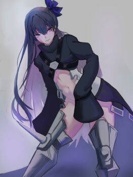 1girl armored_boots black_jacket blue_eyes blue_ribbon boots bottomless breasts closed_mouth commentary covering_crotch covering_privates cowboy_shot cropped_jacket fate/grand_order fate_(series) grey_background hair_between_eyes hair_ribbon jacket long_hair long_sleeves looking_at_viewer meltryllis_(fate) navel oro_(lsg0624) purple_hair ribbon simple_background sleeves_past_fingers sleeves_past_wrists small_breasts smile solo very_long_hair