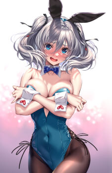 Rule 34 | 1girl, amakano 2, animal ears, aqua leotard, bare shoulders, black pantyhose, black ribbon, blue bow, blue bowtie, blush, bow, bowtie, breasts, collar, collarbone, commentary request, covered navel, covering breasts, covering privates, detached collar, embarrassed, eyes visible through hair, fake animal ears, grey hair, hair between eyes, hair ribbon, jigokudani sara, large breasts, leotard, looking at viewer, medium hair, mole, mole under eye, official art, open mouth, pantyhose, piromizu, playboy bunny, rabbit ears, ribbon, solo, strapless, strapless leotard, twintails, white collar, white wrist cuffs, wrist cuffs