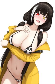 1girl animal_print bikini black_hair blush breasts cleavage coat collarbone commentary commentary_request cow_print cow_print_bikini dutch_angle embarrassed girls'_frontline heterochromia highres large_breasts long_hair looking_at_viewer md5_mismatch multicolored_hair navel open_clothes open_coat open_mouth print_bikini red_eyes resolution_mismatch ro635_(girls'_frontline) simple_background solo source_larger streaked_hair sumi_ojie swimsuit teeth two-tone_hair upper_teeth_only white_background white_hair yellow_coat yellow_eyes