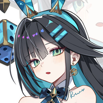abigail_(black_survival) abigail_(poker_face)_(black_survival) absurdres animal_ears bare_shoulders black_hair black_survival blue_hair blue_hairband blush bow bowtie colored_inner_hair detached_collar dice earrings eternal_return:_black_survival fake_animal_ears green_eyes hairband highres jewelry long_hair looking_at_viewer multicolored_hair official_alternate_costume open_mouth portrait rabbit_ears sidelocks streaked_hair tianqing_mw two-tone_hair white_background zoom_layer