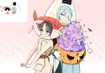 2boys :t alternate_costume black_hair blue_eyes blue_hair blue_hakama candy chibi chibi_inset clenched_hands closed_eyes closed_mouth commentary_request cowboy_shot curtained_hair eating fish fish_hat food frilled_sleeves frills fubuki_(nige_jouzu_no_wakagimi) gloves gradient_background groin hair_over_one_eye hakama halloween_bucket halloween_costume highres hikobe_fubuki houjou_tokiyuki_(nige_jouzu_no_wakagimi) jack-o'-lantern japanese_clothes lollipop long_sleeves multiple_boys naked_tabard nige_jouzu_no_wakagimi no_panties onigiri parted_bangs pink_background purple_eyes red_sash reference_inset sash sidelocks_tied_back swirl_lollipop tabard v-shaped_eyebrows white_background white_gloves white_tabard wrapped_candy