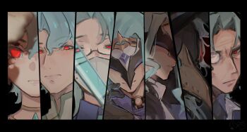 1boy akademiya_uniform ascot black-framed_eyewear black_background black_border black_choker black_gloves black_mask blue_hair blue_shirt border choker closed_mouth collared_shirt commentary covered_eyes covered_face covered_mouth demoncotik dottore_(genshin_impact) empty_eyes english_commentary from_side genshin_impact glasses gloves hair_between_eyes half-closed_eyes highres holding holding_test_tube lips liquid looking_at_viewer male_focus mandarin_collar mask monocle mouth_mask multiple_persona o-ring o-ring_choker old old_man purple_shirt red_eyes semi-rimless_eyewear shadow shirt short_hair sidelocks signature simple_background smile surgical_mask test_tube wavy_hair white_ascot white_mask white_shirt