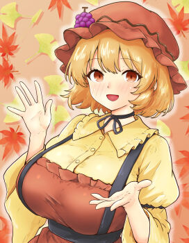 Rule 34 | 1girl, aki minoriko, apron, black ribbon, breasts, choker, collared shirt, commentary request, falling leaves, frilled shirt collar, frills, grape hat ornament, hat, highres, hinben, large breasts, leaf, long sleeves, maple leaf, open mouth, orange apron, orange eyes, orange hat, ribbon, ribbon choker, shirt, short hair, smile, solo, touhou, upper body, wide sleeves, yellow shirt