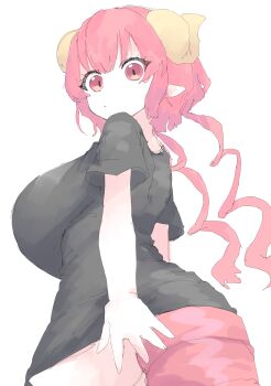 1girl absurdres black_shirt black_thighhighs breasts closed_mouth commentary curled_horns dragon_horns dragon_tail highres horns huge_breasts ilulu_(maidragon) kobayashi-san_chi_no_maidragon large_breasts long_hair long_shirt looking_at_viewer mocamocaink oppai_loli pointy_ears red_eyes red_hair shirt shortstack simple_background slit_pupils solo standing tail tail_under_clothes thighhighs twintails upper_body white_background yellow_horns