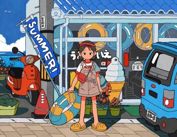 1girl bag bandaid bandaid_on_knee bandaid_on_leg black_hair building car child cloud crocs day denim_dress flower full_body goggles hair_ornament hairclip highres holding holding_goggles motor_vehicle ocean onoconokoko0625 original outdoors plant potted_plant scooter shadow shoes short_sleeves short_twintails solo sports_utility_vehicle standing storefront summer swim_ring traffic_cone twintails visor_cap yellow_shoes