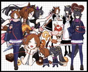 2girls :d ^_^ alternate_costume animal_ears apple_da-ze apron arm_at_side bag bandaid bandaid_on_face bandaid_on_nose black_border black_coat black_dress black_hair black_shoes blue_bag border bottle bread brown_hair buttons candy cherry chocolate chocolate_heart closed_eyes closed_mouth coat commentary_request cookie croissant cup disposable_cup donut double-breasted dress ear_covers enmaided fingerless_gloves food fruit gloves grid_background hand_in_pocket heart heart-shaped_food holding holding_bottle holding_cup holding_umbrella horse_ears horse_girl horse_tail juliet_sleeves long_hair long_sleeves macaron maid maid_headdress muffin multiple_girls multiple_views narita_brian_(hungry_wolves)_(umamusume) narita_brian_(umamusume) open_mouth parfait pink_eyes pink_scarf puffy_short_sleeves puffy_sleeves purple_scarf purple_skirt purple_thighhighs sakura_laurel_(saisir_le_reve)_(umamusume) sakura_laurel_(umamusume) sample_watermark scarf school_bag school_uniform shoes short_hair short_sleeves single_ear_cover skirt smile standing tail thighhighs tracen_school_uniform umamusume umbrella wafer_stick watermark white_apron white_background white_umbrella wrist_cuffs yellow_eyes