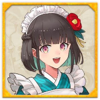 apron brown_hair cafe dress flower hair_flower hair_ornament iroha_(rune_factory) lowres maid maid_apron maid_headdress non-web_source puffy_sleeves red_eyes rune_factory short_hair