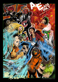 1girl 6+boys aang american_dragon_jake_long avatar_legends bald baseball_cap ben_10 ben_tennyson black_border black_coat black_hair blonde_hair blue_eyes blue_shirt blue_skin border bow bowtie brown_gloves brown_hair capelet character_request coat colored_sclera colored_skin commentary_request copyright_request crossover dark-skinned_male dark_skin dc_comics debris electricity fire formal_clothes fur-trimmed_hood fur_trim generator_rex gloves goggles goggles_on_eyes goggles_on_head green_bow green_bowtie green_eyes green_hair green_shirt grey_hat grey_skin grin hands_in_pockets hat highres homestuck hood hood_up hoodie jacket jake_long kenny_mccormick long_hair mask mechanical_arms multiple_boys multiple_crossover nine_(ninevsnine) omnitrix open_mouth orange_capelet orange_goggles orange_hoodie popped_collar red_hair red_jacket rex_salazar rock sharp_teeth shirt short_hair smile smurf south_park suit teen_titans teeth terra_(dc) the_smurfs transformation two-tone_shirt white_hat white_jacket white_shirt yellow_eyes yellow_sclera