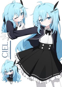 1girl absurdres ahoge black_bow black_jacket black_skirt blue_eyes blue_hair bow character_name chibi collared_shirt dress_shirt frilled_skirt frills hagoonha hair_ornament hairclip highres jacket long_hair multiple_views open_clothes open_jacket original pantyhose pleated_skirt ponytail shirt simple_background single_hair_intake skirt twitter_username very_long_hair white_background white_pantyhose white_shirt