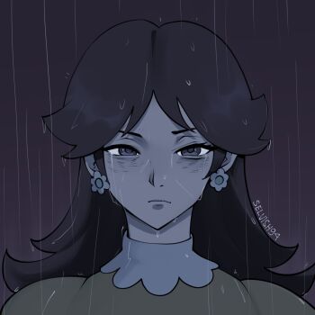 1girl blue_eyes brown_hair crying dress earrings flipped_hair flower_earrings frown jewelry looking_at_viewer mario_(series) orange_dress princess_daisy rain sad the_super_mario_galaxy_movie