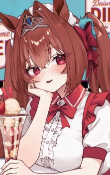 1girl animal_ears blush bow bowtie breasts brown_hair center_frills daiwa_scarlet_(umamusume) fang food frills fruit hair_between_eyes hair_intakes highres horse_ears horse_girl ice_cream large_breasts long_hair looking_at_viewer maid maid_headdress parfait parted_lips red_bow red_bowtie red_eyes shirt short_sleeves skin_fang solo strawberry tiara tongue tongue_out twintails umamusume upper_body very_long_hair white_headdress white_shirt yamaro_(yamaro0)