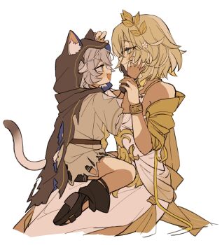 2girls aglaea_(honkai:_star_rail) animal_ear_fluff blonde_hair bracelet cape cat_girl cipher_(honkai:_star_rail) dress fang floral_print flower grey_hair hair_flower hair_ornament highres honkai:_star_rail honkai_(series) iwashi_(iwashi008) jewelry laurel_crown layered_dress light_smile multiple_girls on_lap shoes short_hair skin_fang torn_cape torn_clothes white_background