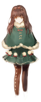 1girl blunt_bangs boots brown_eyes brown_hair capelet christmas christmas_tree_costume commentary_request dress full_body fur_trim hairband kurenaino_aria long_hair long_sleeves looking_at_viewer occultic;nine pantyhose science_adventure simple_background skirt smile solo tohoko_kiri white_background