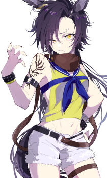 1girl absurdres air_shakur_(umamusume) animal_ear_piercing animal_ears black_nails blue_neckerchief bracelet commentary_request cowboy_shot eyebrow_piercing face_piercing fur-trimmed_shorts fur_trim highres horse_ears horse_girl horse_tail jewelry long_hair looking_at_viewer midriff navel neckerchief nekoma_hikaru piercing purple_hair sharp_teeth shorts shoulder_tattoo simple_background solo studded_bracelet tail tattoo teeth thigh_strap umamusume white_background white_shorts yellow_eyes