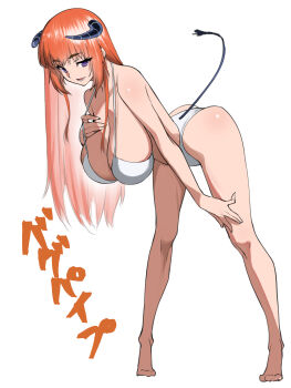 1girl absurdres alternate_costume arknights bad_feet bagpipe_(arknights) bikini black_horns black_tail breast_suppress breasts character_name cleavage commentary_request full_body hand_on_own_thigh highres horns jony_(avion_mura) large_breasts leaning_forward long_hair looking_at_viewer lower_teeth_only open_mouth orange_hair partial_commentary purple_eyes solo standing swimsuit tail tail_raised teeth translated white_bikini