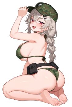 1girl :d absurdres ass barefoot belt bikini black_belt black_nails blush braid braided_ponytail breasts camouflage camouflage_bikini camouflage_hat commentary curvy english_commentary fang feet full_body green_bikini green_hat grey_hair hair_ornament hairclip halterneck hat highres huge_ass indie_virtual_youtuber large_breasts long_hair looking_at_viewer moursho open_mouth red_eyes saruei_(vtuber) scar scar_across_eye scar_on_face shiny_skin sideboob simple_background smile soles solo string_bikini swimsuit thong thong_bikini very_long_hair virtual_youtuber white_background wide_hips