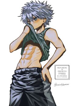 1boy abs clothes_lift coccotakamooo commentary_request hair_between_eyes hand_on_own_hip highres hunter_x_hunter killua_zoldyck lifting_own_clothes male_focus short_hair solo stomach sweat tank_top toned toned_male twitter_username upper_body white_background