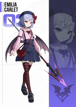 1girl absurdres alternate_costume alternate_headwear arm_belt bag bat_wings black_shoes black_thighhighs blue_hair blue_hat blue_skirt bow bowtie character_name closed_mouth commentary contemporary english_commentary full_body hat hat_bow heart-shaped_bag highres holding holding_polearm holding_weapon icewind0223 long_sleeves looking_at_viewer multicolored_thighhighs pink_shirt polearm puffy_long_sleeves puffy_sleeves red_bag red_bow red_bowtie red_eyes red_nails red_thighhighs remilia_scarlet shirt shoes shoulder_bag skirt smile spear spear_the_gungnir striped_clothes striped_thighhighs thighhighs touhou two-tone_thighhighs weapon wings zoom_layer