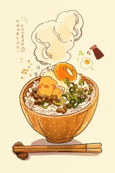 Rule 34 | baby animal, bird, bowl, breakfast, chick, chopstick rest, chopsticks, food focus, fried egg, highres, inktober, mixed media, nao (bestrollever), no humans, original, rice bowl, shadow, simple background, sleeping, soy sauce, soy sauce bottle, spring onion, squeans, steam, white background