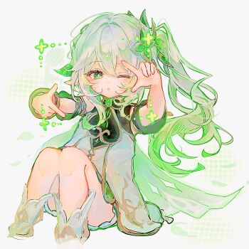 Rule 34 | 1girl, :o, artist name, blush, cape, cross-shaped pupils, dress, finger frame, foot out of frame, genshin impact, gradient hair, green cape, green eyes, green hair, hair ornament, hashtag-only commentary, highres, knees up, leaf hair ornament, multicolored hair, nahida (genshin impact), one eye closed, open mouth, pointy ears, ri pi o, sitting, sleeveless, sleeveless dress, solo, symbol-shaped pupils, twitter username, white background, white dress, white hair
