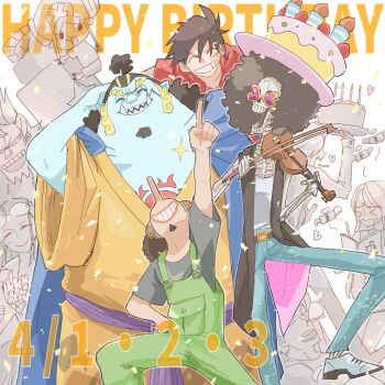 >_< 2girls 6+boys ^_^ afro banknote birthday_cake_hat blue_skin bouquet brook_(one_piece) closed_eyes colored_skin commentary_request confetti facial_hair flower franky_(one_piece) goatee green_overalls half_updo hand_on_own_hip happy_birthday highres holding holding_instrument instrument japanese_clothes jinbe_(one_piece) kimono long_nose mkk0025 money monkey_d._luffy multiple_boys multiple_girls nami_(one_piece) nico_robin one_piece orange_kimono overalls purple_sash red_shirt roronoa_zoro sanji_(one_piece) sash shirt skeleton sleeping straw_hat_pirates tony_tony_chopper usopp