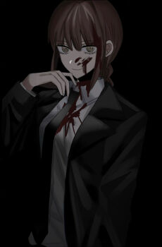 Rule 34 | 1girl, black necktie, blood, blood on clothes, blood on face, blood splatter, braid, braided ponytail, breasts, business suit, chainsaw man, closed mouth, collared shirt, commentary request, formal clothes, highres, kokococo924, long coat, long hair, long sleeves, looking at viewer, makima (chainsaw man), medium breasts, medium hair, necktie, red hair, ringed eyes, shirt, simple background, smile, solo, suit, white shirt, yellow eyes