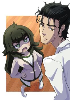1boy 1girl annoyed black_hair blunt_bangs blush commentary_request from_above full_body green_eyes green_hair green_trim height_difference highres hiyajou_maho jacket_over_dress kneehighs lab_coat long_sleeves messy_hair okabe_rintarou open_mouth sadarann science_adventure short_hair socks steins;gate steins;gate_0 tongue white_socks